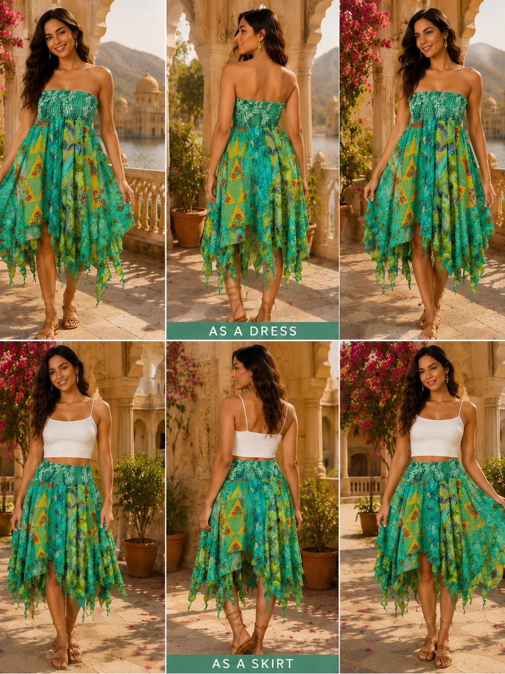Boho Convertible Handkerchief Dress Skirt One Size  Turquoise  Festival Style